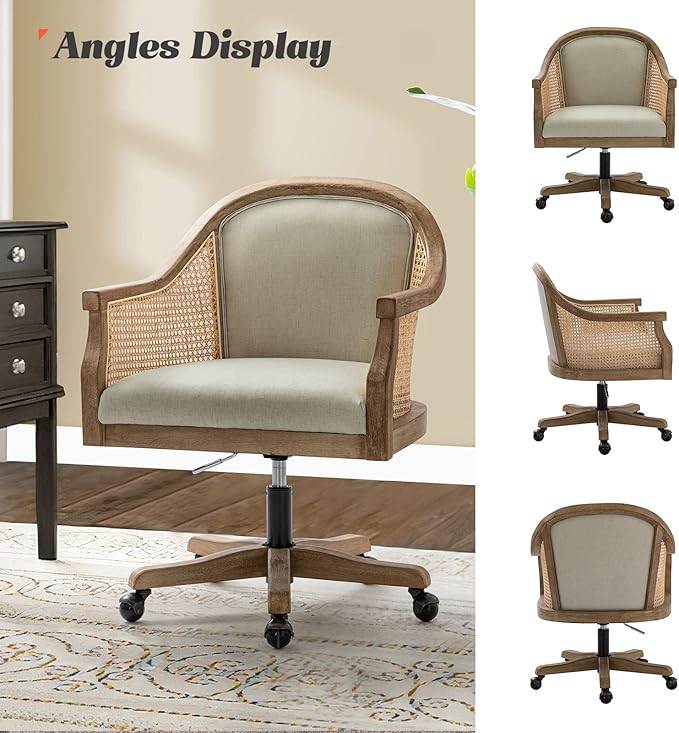 HULALA HOME Rattan Desk Chair, Upholstered Home Office Chair, Vintage Office Chair with Armrest, Adjustable Swivel Rolling Height Task Chair for Living Room Bedroom Study Room, Linen
