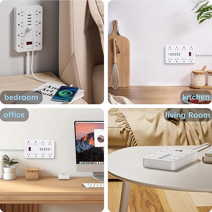10 Ft Long Extension Cord,Power Strip Surge Protector HUNIAN Flat Plug with 8 Widely Spaced Outlets 6 USB(1 USB C Port), Wall Mount Charging Station for Home and Office,White
