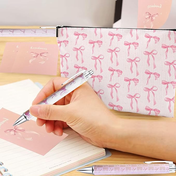 10PCS Pink Bows Ballpoint Pens Coquette Bow Ballpoint Pens Black Gel Ink Coquette Aesthetic Pens sticky notepad for Journaling Office Supplies