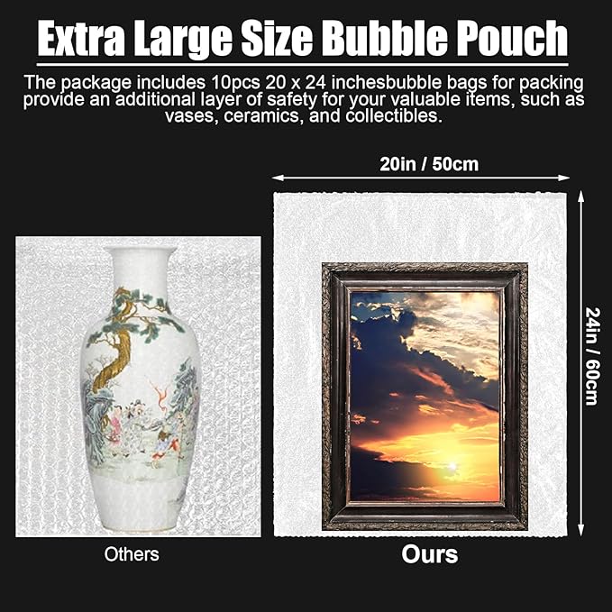 10 Pack Extra Large Bubble Pouches 20 * 24 Inch Clear Bubble Pouch Wrap Bags for Packing Shockproof Cushioning Wrap Bag for Shipping Moving Fragile Dishes China Plates Painting Fragile Items