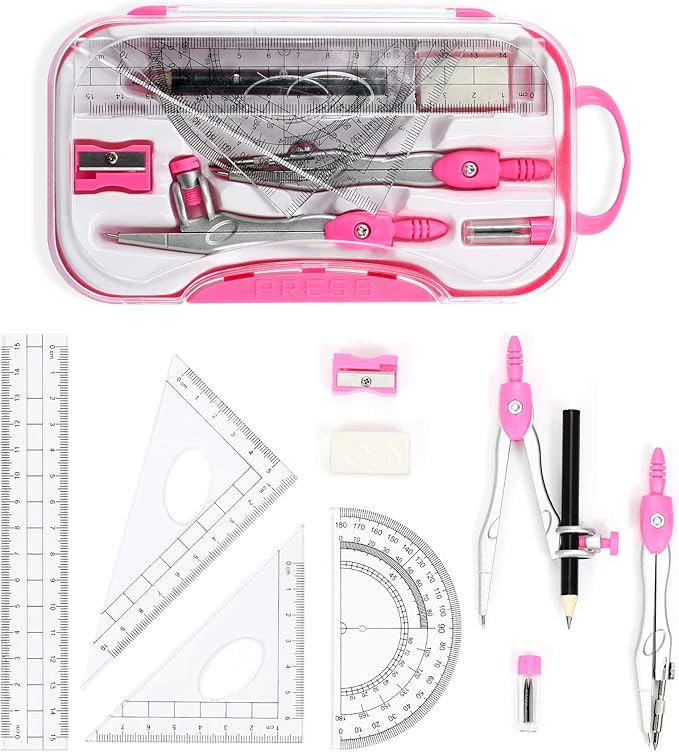 10 Pieces Math Geometry Kit Set Student Supplies with Shatterproof Storage Box,Includes Rulers,Protractor,Compass,Eraser,Pencil Sharpener,Lead Refills,Pencil,for School and Drawings(Pink)