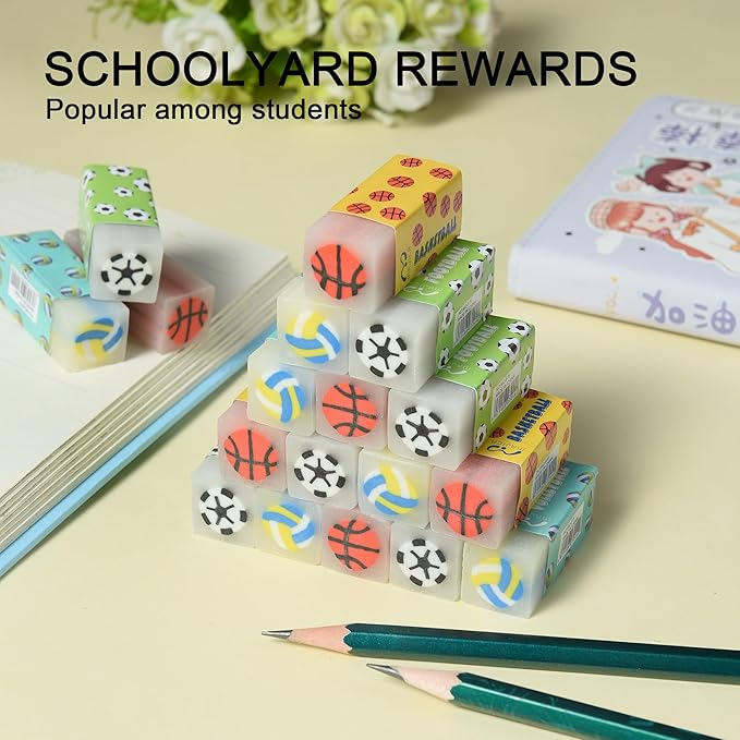 18Pcs Cute Sports Ball Erasers for Kids Bulk, Fun Basketball Soccer Volleyball Pencil Jelly Erasers for School Classroom Supplies Prize Gifts Party Favors
