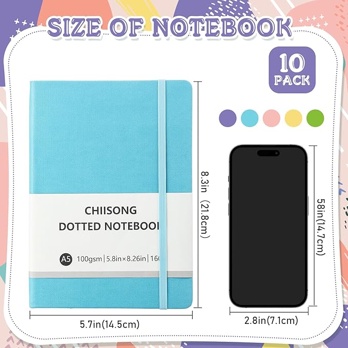 10 Pack Bullet Dotted Journal Notebook Bulk, A5 Dot Grid Notebook with 100 GSM Paper, Leather Hardcover Dotted Journal with 160 Pages for Women Men Writing Journaling Planning, 5.7 x 8.3 Inch