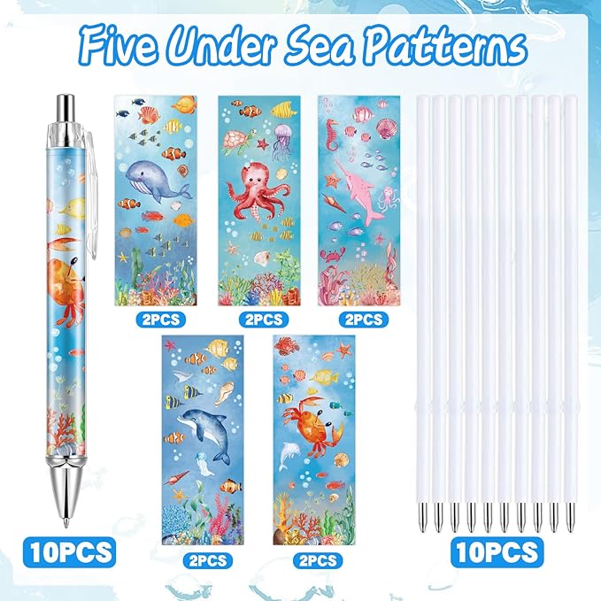 10 PCS Under Sea Ballpoint Pens Retractable Fish Shark Pens Under The Sea Party Favors with 1mm Black Ink Replaceable Ballpoint Pen Refill for Kids Birthday School Office Supplies(Under Sea,10)
