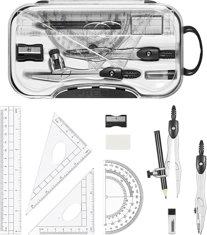 10 Pieces Math Geometry Kit Set Student Supplies with Shatterproof Storage Box,Includes Rulers,Protractor,Compass,Eraser,Pencil Sharpener,Lead Refills,Pencil,for School and Drawings(Black)