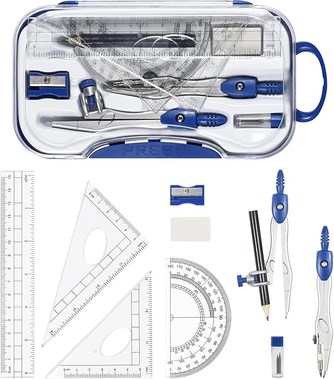 10 Pieces Math Geometry Kit Set Student Supplies with Shatterproof Storage Box,Includes Rulers,Protractor,Compass,Eraser,Pencil Sharpener,Lead Refills,Pencil,for School and Drawings(Navy Blue)