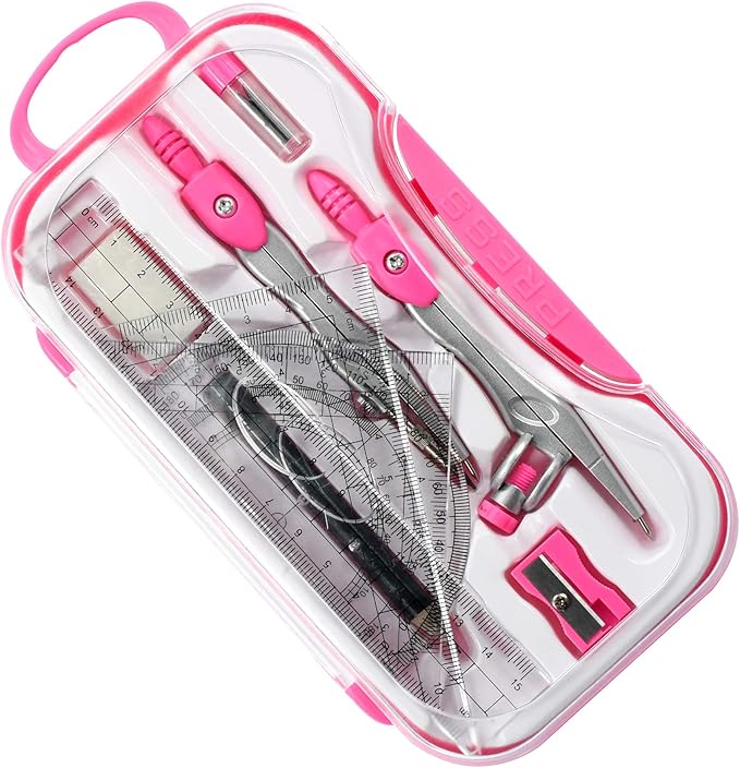 10 Pieces Math Geometry Kit Set Student Supplies with Shatterproof Storage Box,Includes Rulers,Protractor,Compass,Eraser,Pencil Sharpener,Lead Refills,Pencil,for School and Drawings(Pink)