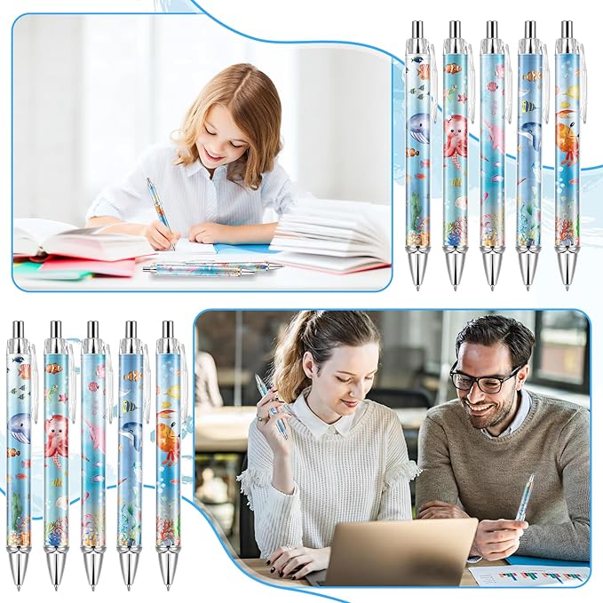 10 PCS Under Sea Ballpoint Pens Retractable Fish Shark Pens Under The Sea Party Favors with 1mm Black Ink Replaceable Ballpoint Pen Refill for Kids Birthday School Office Supplies(Under Sea,10)