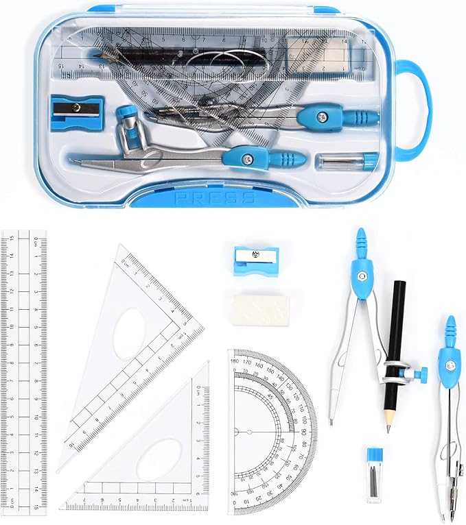 10 Pieces Math Geometry Kit Set Student Supplies with Shatterproof Storage Box,Includes Rulers,Protractor,Compass,Eraser,Pencil Sharpener,Lead Refills,Pencil,for School and Drawings(Blue)