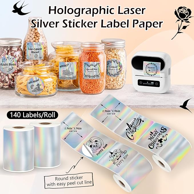HuiJuKeJi 2 Rolls Holographic Silver Thermal Labels Paper for Phomemo M110 M200 M220 M221,50x50MM Round&Square,Waterproof Self-Adhesive Mini Printer Laser Stickers for DIY Glitter Labels/Thanks Card