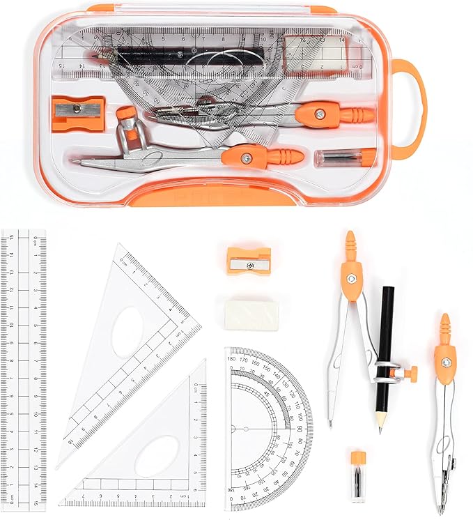 10 Pieces Math Geometry Kit Set Student Supplies with Shatterproof Storage Box,Includes Rulers,Protractor,Compass,Eraser,Pencil Sharpener,Lead Refills,Pencil,for School and Drawings(Orange)