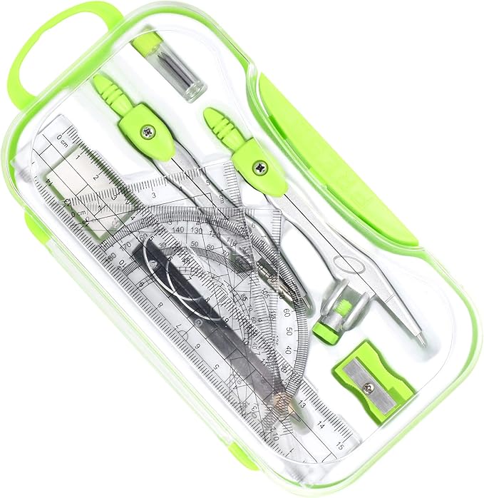 10 Pieces Math Geometry Kit Set Student Supplies with Shatterproof Storage Box,Includes Rulers,Protractor,Compass,Eraser,Pencil Sharpener,Lead Refills,Pencil,for School and Drawings(Green)