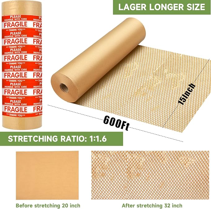 Honeycomb Packing Paper Wrap 15''x600', Substitute Alternative for Bubble Cushioning Wrap for Moving Shipping Packaging, Recyclable Moving Supplies with 48 Fragile Sticker Labels