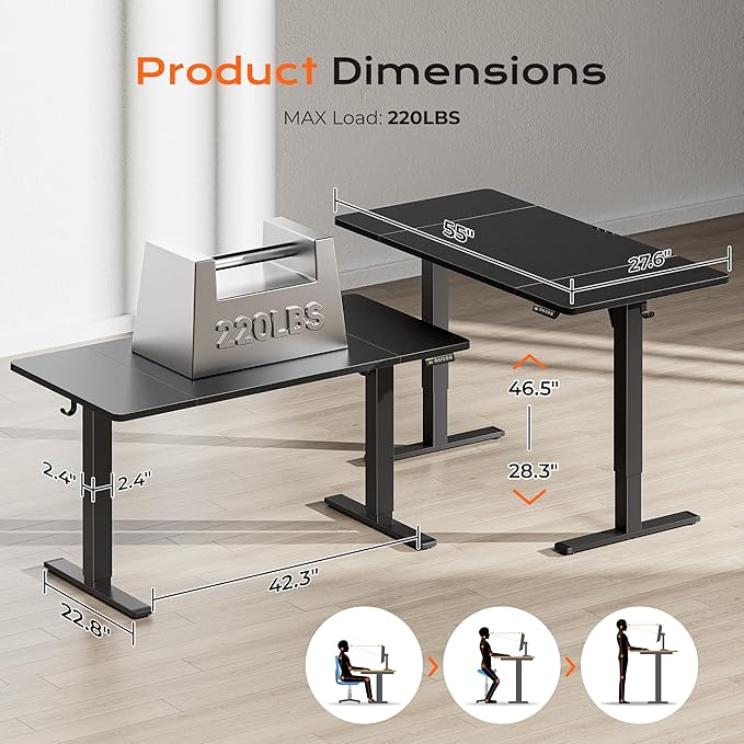 Huuger 55 x 28 Large Electric Standing Desk, Height Adjustable Computer Desk, 27.6" Deep Desktop, Stand up Gaming Office Table with 2 Hooks, 3 Preset Heights, for Home Office, Black