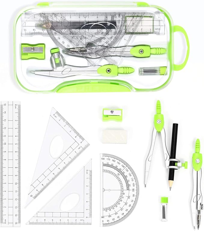 10 Pieces Math Geometry Kit Set Student Supplies with Shatterproof Storage Box,Includes Rulers,Protractor,Compass,Eraser,Pencil Sharpener,Lead Refills,Pencil,for School and Drawings(Green)