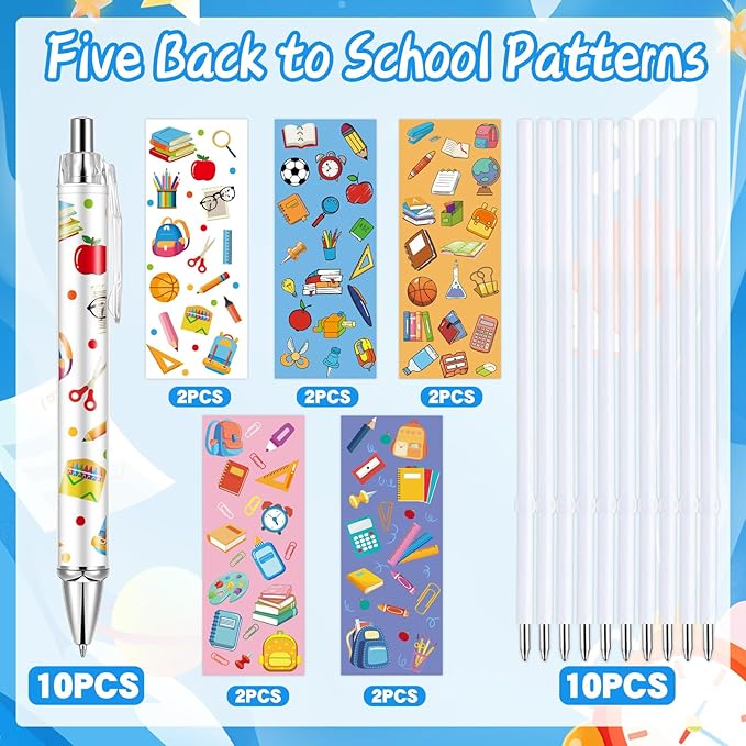10 PCS Back to School Pens Welcome Back to School Ballpoint Pens First Day of School Party Favors with 1mm Black Ink Replaceable Ballpoint Pen Refill for Classroom Rewards