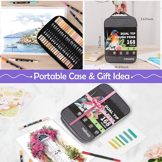 168 Colors Brush & Fine Dual Tip Watercolor Markers Set for Kids Adults Coloring Books No Bleeding Paint Pens For Drawing Note taking Planner Calligraphy Journaling Card Making Art Supplies