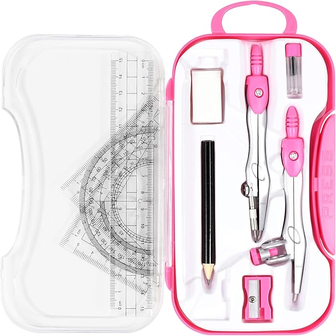 10 Pieces Math Geometry Kit Set Student Supplies with Shatterproof Storage Box,Includes Rulers,Protractor,Compass,Eraser,Pencil Sharpener,Lead Refills,Pencil,for School and Drawings(Pink)