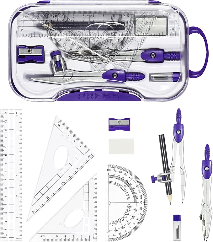 10 Pieces Math Geometry Kit Set Student Supplies with Shatterproof Storage Box,Includes Rulers,Protractor,Compass,Eraser,Pencil Sharpener,Lead Refills,Pencil,for School and Drawings(Purple)