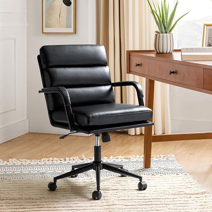 HULALA HOME Modern Faux Leather Home Office Chair with Tilt Lock & Metal Base, Desk Chair with Wheels & Padded Cushion, 360° Swivel Wide Seat Computer Task Chair, Black