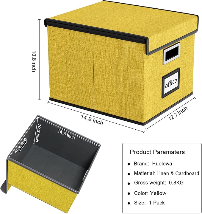 Huolewa Collapsible File Storage Organizer Box with Lid, Linen Document Storage Organization, Universal Hanging Filing Box for Letter/Legal Folder, Decorative Office/Home File Bins - yellow, box only