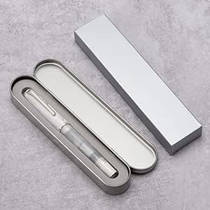Hongdian N8 White Acrylic Resin Fountain Pen, Iridium Medium Nib Silver Plated Feather Carving Cap Smooth Writing Pen with Converter and Metal Pen Box Set