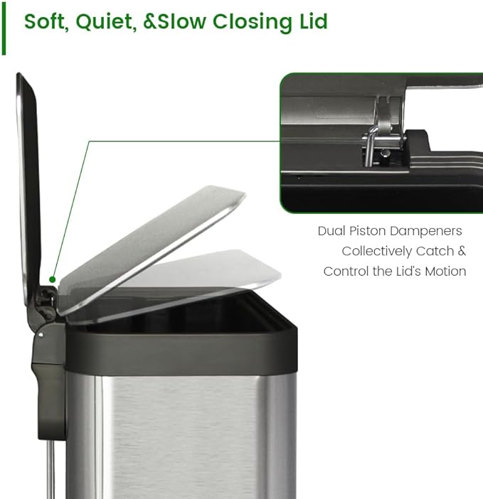 18 Gallon Stainless Steel Step Trash Can with Soft-Close Lid & Stay-Open, Rectangular Kitchen Garbage Bin for Home & Office, Tall Trash Bin No Liner Needed (70 Liter Larger Capacity)