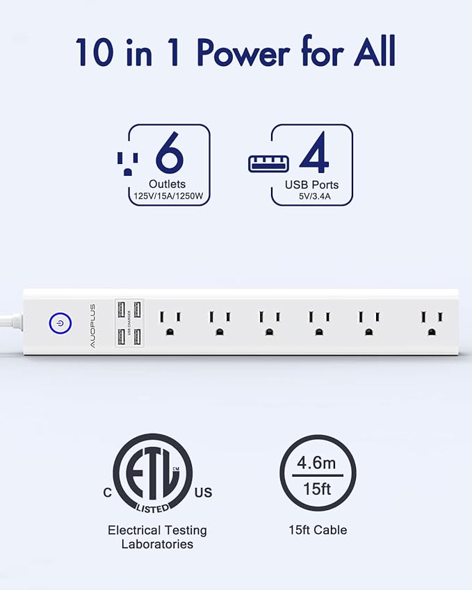 15 Ft Power Strip Surge Protector, 6 Outlets and 4 USB Ports, Flat Plug Power Strips Long Extension Cord with Overload Protection, Wall Mount for Home, Office, Dorm, ETL Listed White