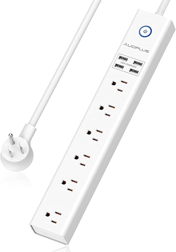 15 Ft Power Strip Surge Protector, 6 Outlets and 4 USB Ports, Flat Plug Power Strips Long Extension Cord with Overload Protection, Wall Mount for Home, Office, Dorm, ETL Listed White