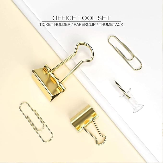 10 Pack, Gold Paper Clips and Binder Clips Set, Metal Assorted Sized Binders with Push Pins, Cute Gold Office Supplies for Desk, Desk Accessories