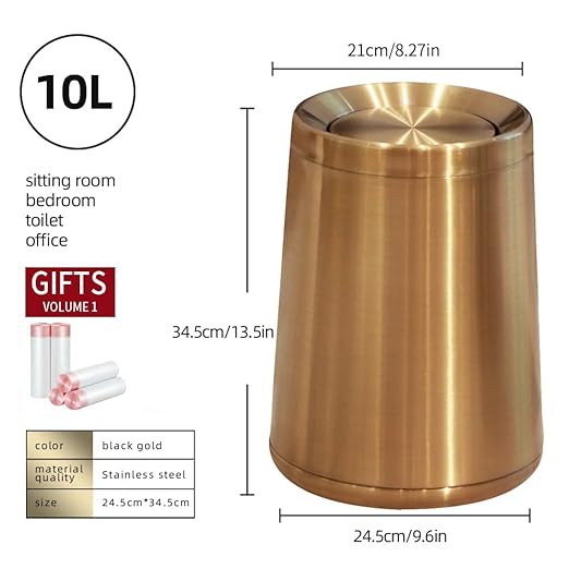10 L/2.6Gallen,Swing Lid Gold Brass Trash Can,Brushed Nickel Garbage Can Bathroom with Flipping Lid,for Bathroom, Living Room,Bedroom,Hotel (Rose Gold)