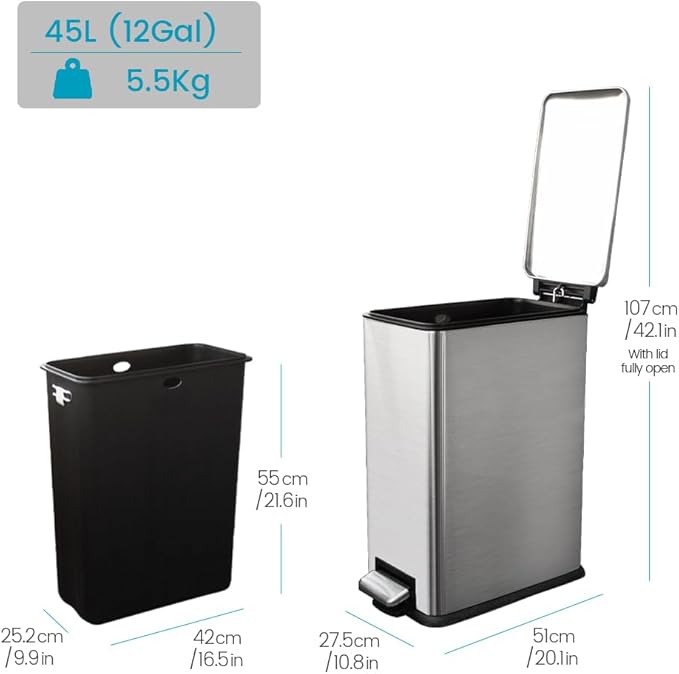 12 Gallon Slim Kitchen Trash Can, Metal Trash Can with Removal Inner Bucket and Soft-Close Lid, Foot Pedal, Stainless Steel Garbage Can 45 Liter, Silver