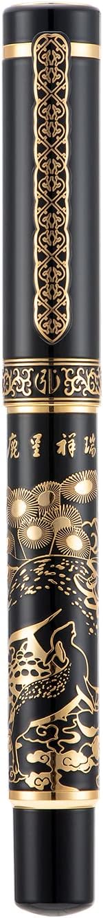 Hongdian 8037 Chinese Classical Fountain Pen, Iridum Extra Fine Gold Nib with Chinese Deer Totem Design, Smooth Writing Pen with Ink Converter and Metal Pen Box Set