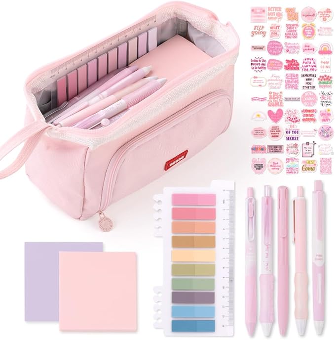 HVOMO Stationery Set,1 large-capacity pencil case,5 quick-drying pens,50 waterproof stickers,2 sticky note pads(200 sheets),1 set of 10-color index labels (200 sheets),Student stationery gift(Pink)