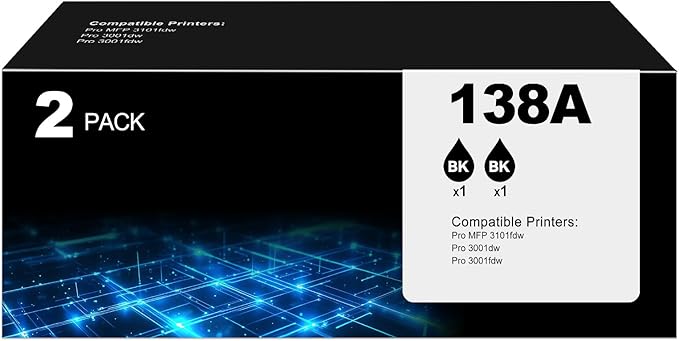 138A Black Toner Cartridge Pro MFP 3101fdw Black Toner Compatible for HP 138A Black Toner Cartridge for HP138A W1380A for pro 3001dw 3101sdw Toner 2Pack (with Chip)