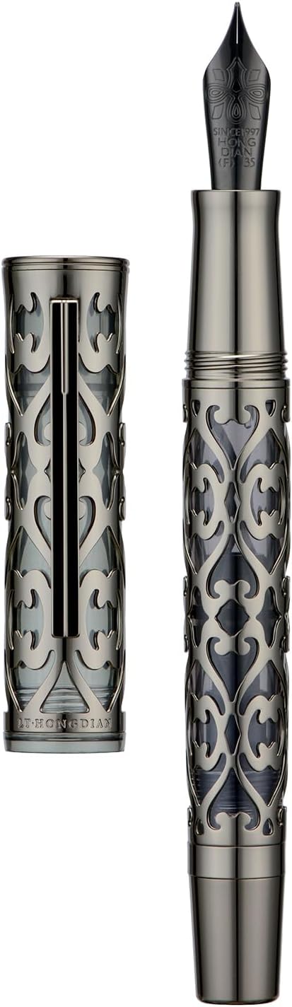 Hongdian D1 Piston Fountain Pen Fine Soft Nib, Jet Black Hollow Skeleton & Resin Pen with Metal Case Set