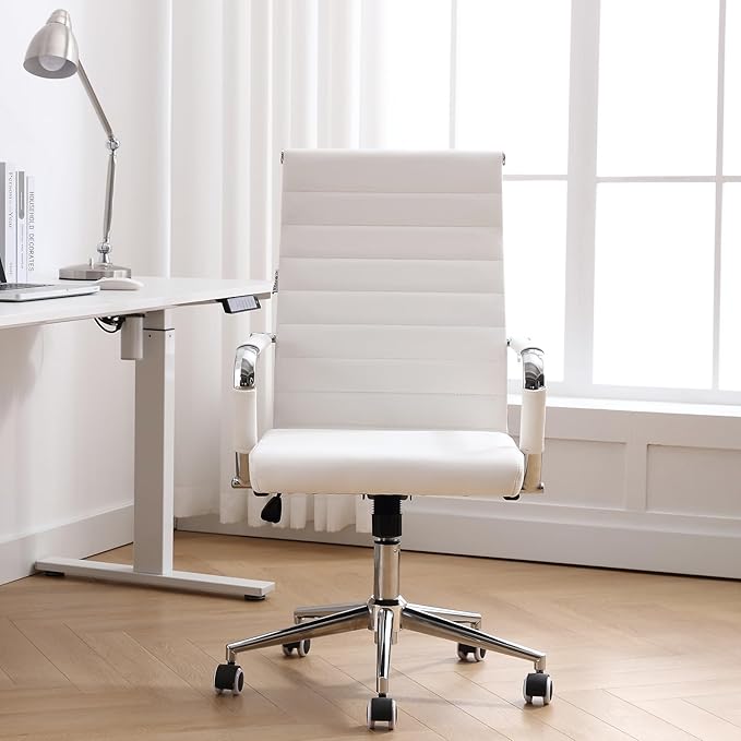 Home Office Chair Ribbed, Modern Leather Conference Room Chairs, Ergonomic Office Desk Chair, High Back Executive Computer Chair, Adjustable Swivel Chair with Arms (White)