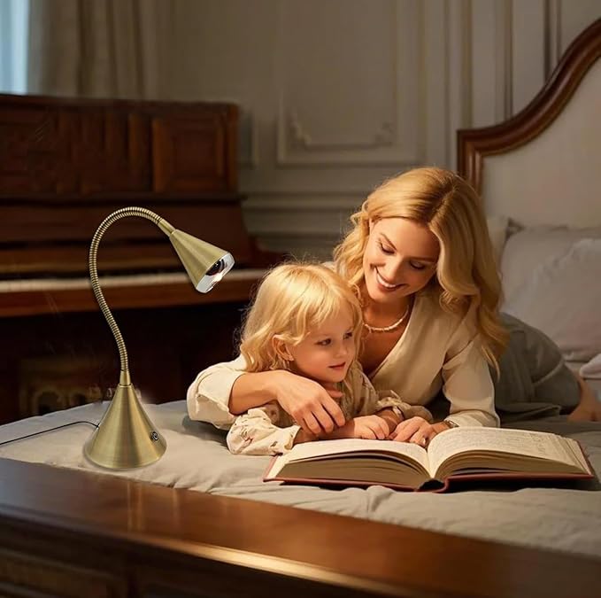 HomeFocus Desk Lamp,Bedside Table Lamp,Dimmable Task Light,Flexible Gooseneck Lamp,3-Touch Brightness & Eye-Caring Reading Light,LED Desk Lamp for Home,College Dorm,Reading,Metal,(Gold).