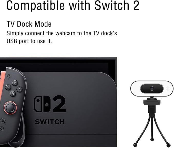 1080P USB Camera for Switch 2/ PC, Ring Light & 3-Level Brightness - Streaming Camera with Built-in Mic, Tripod & Plug&Play for Zoom/Skype/Facetime, PC/Mac/Laptop
