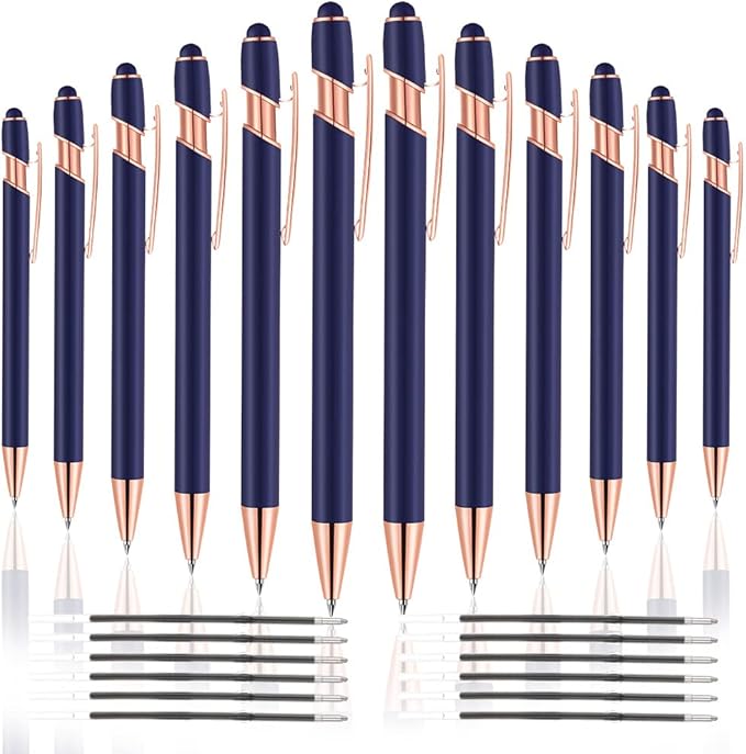 12 PCS 2 in 1 Stylus Ballpoint Pen with Stylus Tip, 1.0 mm Black Ink Metal Pen Stylus Pen for Touch Screens (Rose Gold & Blue)