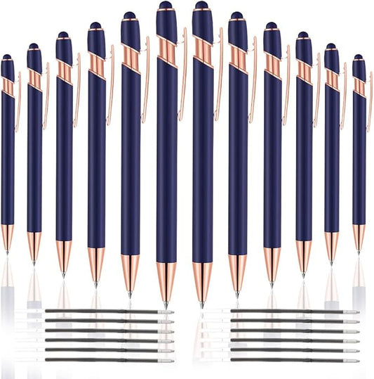 12 PCS 2 in 1 Stylus Ballpoint Pen with Stylus Tip, 1.0 mm Black Ink Metal Pen Stylus Pen for Touch Screens (Rose Gold & Blue)