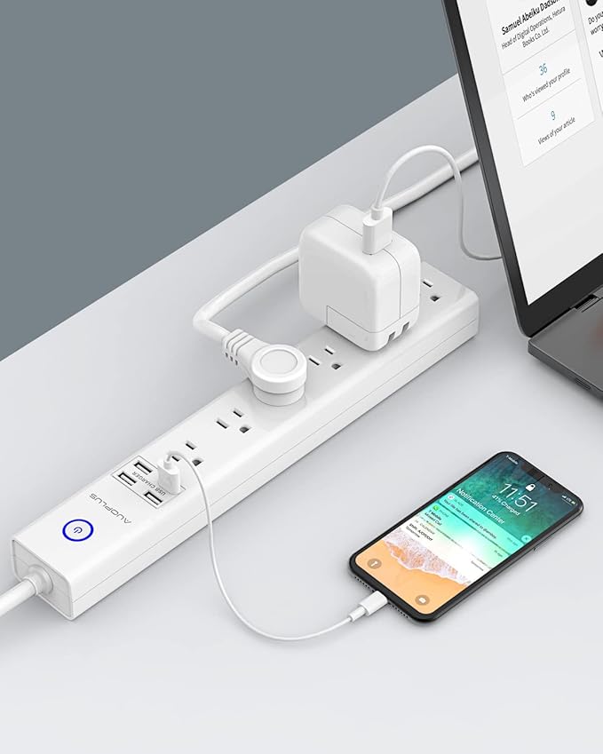 15 Ft Power Strip Surge Protector, 6 Outlets and 4 USB Ports, Flat Plug Power Strips Long Extension Cord with Overload Protection, Wall Mount for Home, Office, Dorm, ETL Listed White