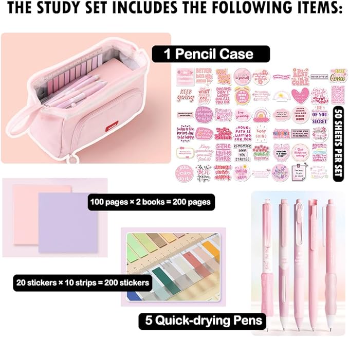 HVOMO Stationery Set,1 large-capacity pencil case,5 quick-drying pens,50 waterproof stickers,2 sticky note pads(200 sheets),1 set of 10-color index labels (200 sheets),Student stationery gift(Pink)