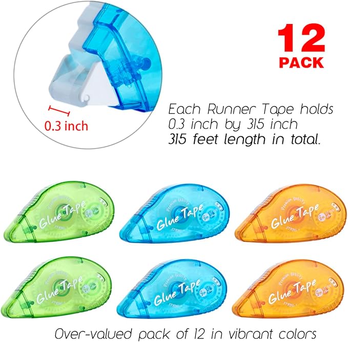 12 Pack Double Sided Tape Roller, Scrapbooking Tape, Permanent Adhesive Tape Dispenser Runner for Crafts and Arts Projects, Photo-Safe