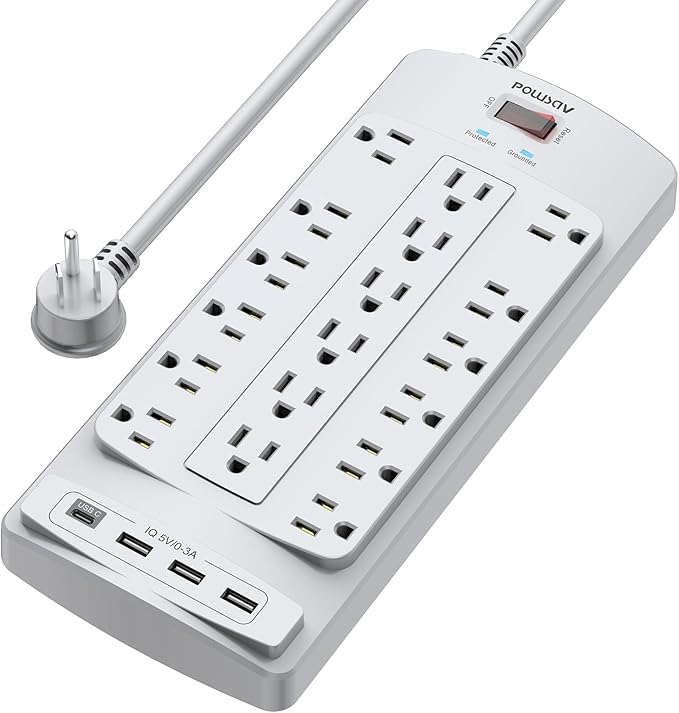 18 Outlets Surge Protector Power Strip - 6 Feet Flat Plug Heavy Duty Extension Cord with 18 Widely Outlets and 4 USB Ports, 2100 Joules, Grey, ETL Listed
