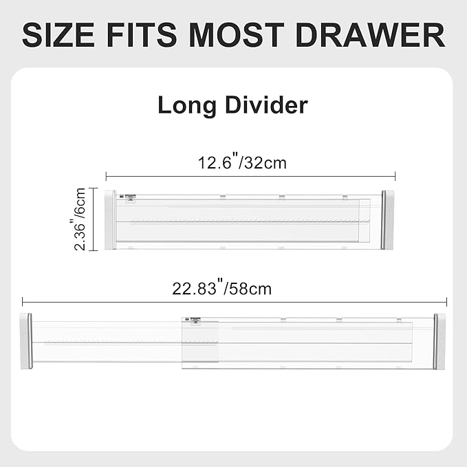 HiYZ Expandable Drawer Dividers - 12.6-22.8'' Adjustable Drawers Organizers for Kitchen Utensils, Drawer Separators in Bedroom, Dresser, Office, Bathroom, Fridge, 3 Pack Long Dividers-Clear