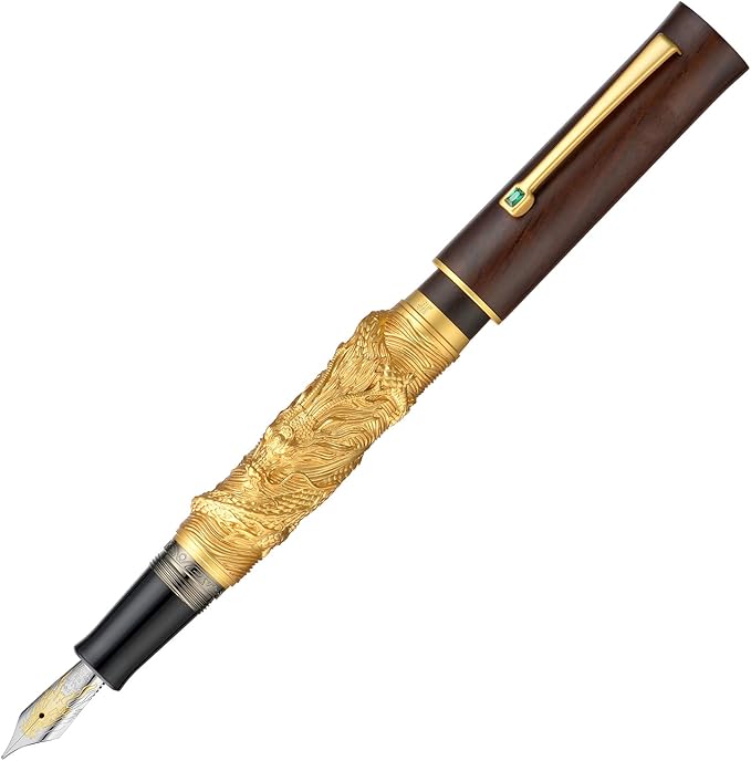 Hongdian N24 Fountain Pen Fine Nib, Golden Dragon Stereoscopic Carving with Red Wood Design