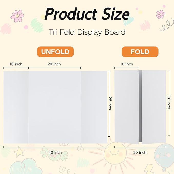 12 Pack Trifold Poster Board, 28x40 Inches White Presentation Board, Portable Display Board for Science Fair, School DIY Project and Business Exhibitions