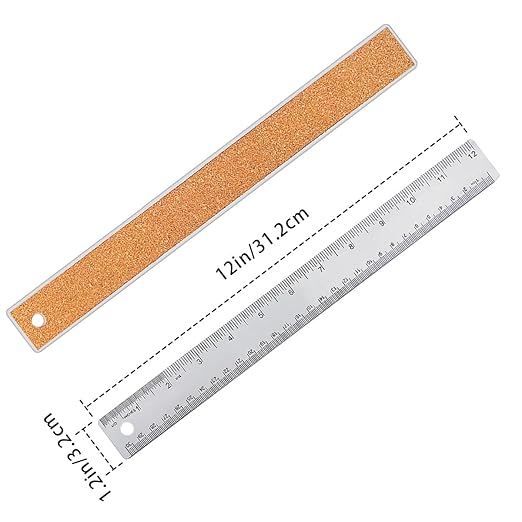12 Inch Metal Ruler Stainless Steel Metal Ruler with Cork Backing, Non-Slip Rulers with Inch and Centimeters, Straight Edge Cork Base Rulers for Student School Office Drafting Tools