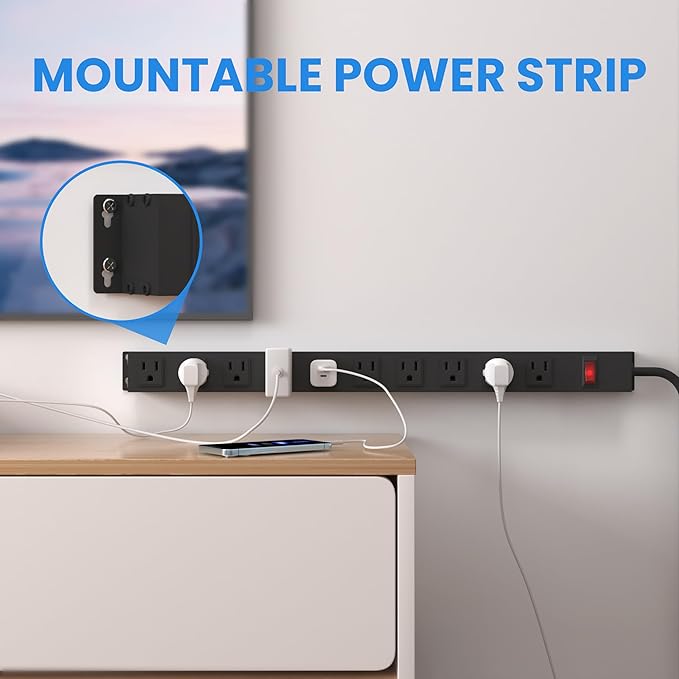 10 Outlet Power Strip 6FT Long Extension Cord Heavy Duty Power Strip Wall Mount Outlet Metal for Kitchen,Office,School,Garage,Workshop,Industrial,125V/15A/1825W,Black(6FT)